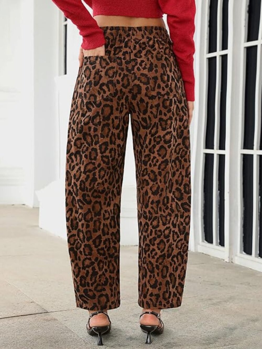 GRAPENT Womens Barrel Corduroy Pants Leopard Cheetah Elastic Waist Trousers